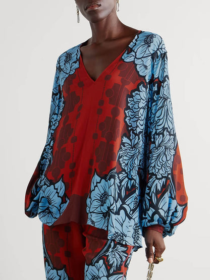Unique Color-Block Print V-Neck Satin Loose Shirt