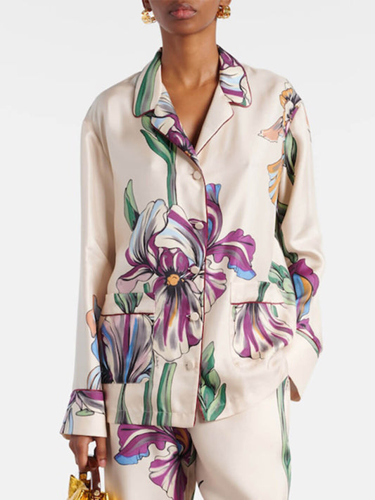 Casual Time Unique Floral Print Lapel Loose Button-Down Oversized Shirt