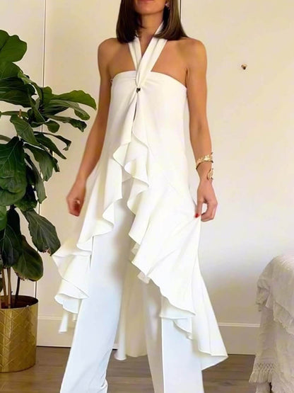 Casual Ruched Halterneck Backless Ruffle Top