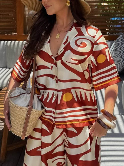 Unique Printed Lapel Satin Loose Shirt