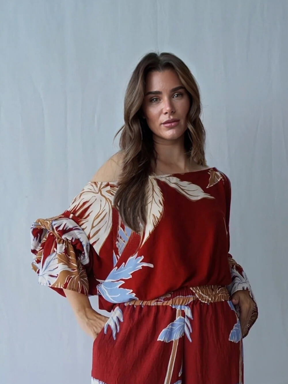 Fashion Casual Tropical Palm Tree Print Off-Shoulder Top