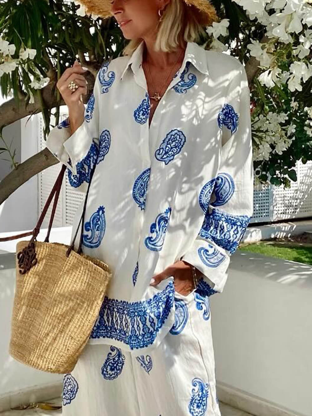 Unique Ethnic Pattern Print Oversized Button-Up Shirt