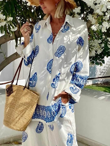 Unique Ethnic Pattern Print Oversized Button-Up Shirt