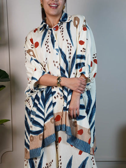 Unique Drop Shoulder Sleeve Printed Loose Oversized Button-Up Shirt