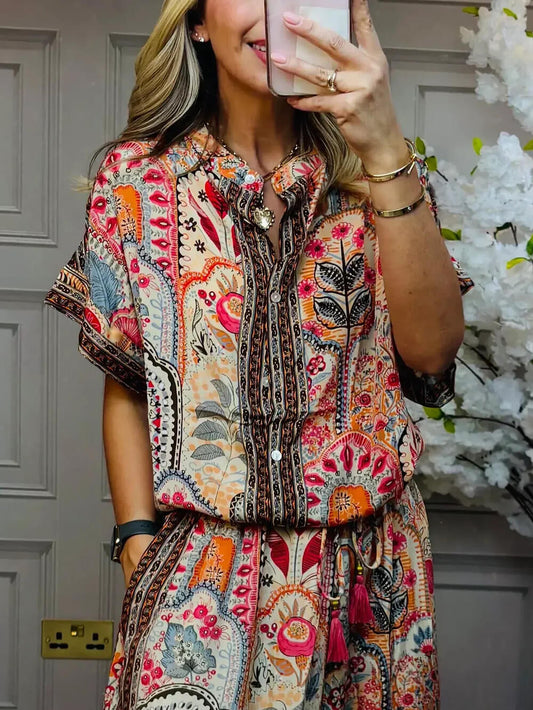 Boho Printed Fringe-Accented Loose Blouse