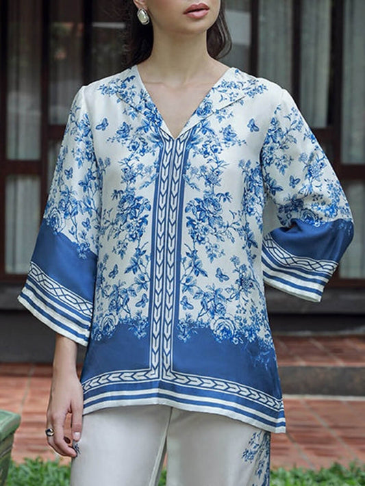 Classic Floral Print Patchwork Collared Loose Shirt