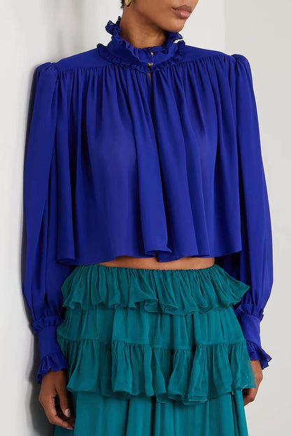Exquisite High-Neck Ruffle Pleated Chiffon Loose Blouse
