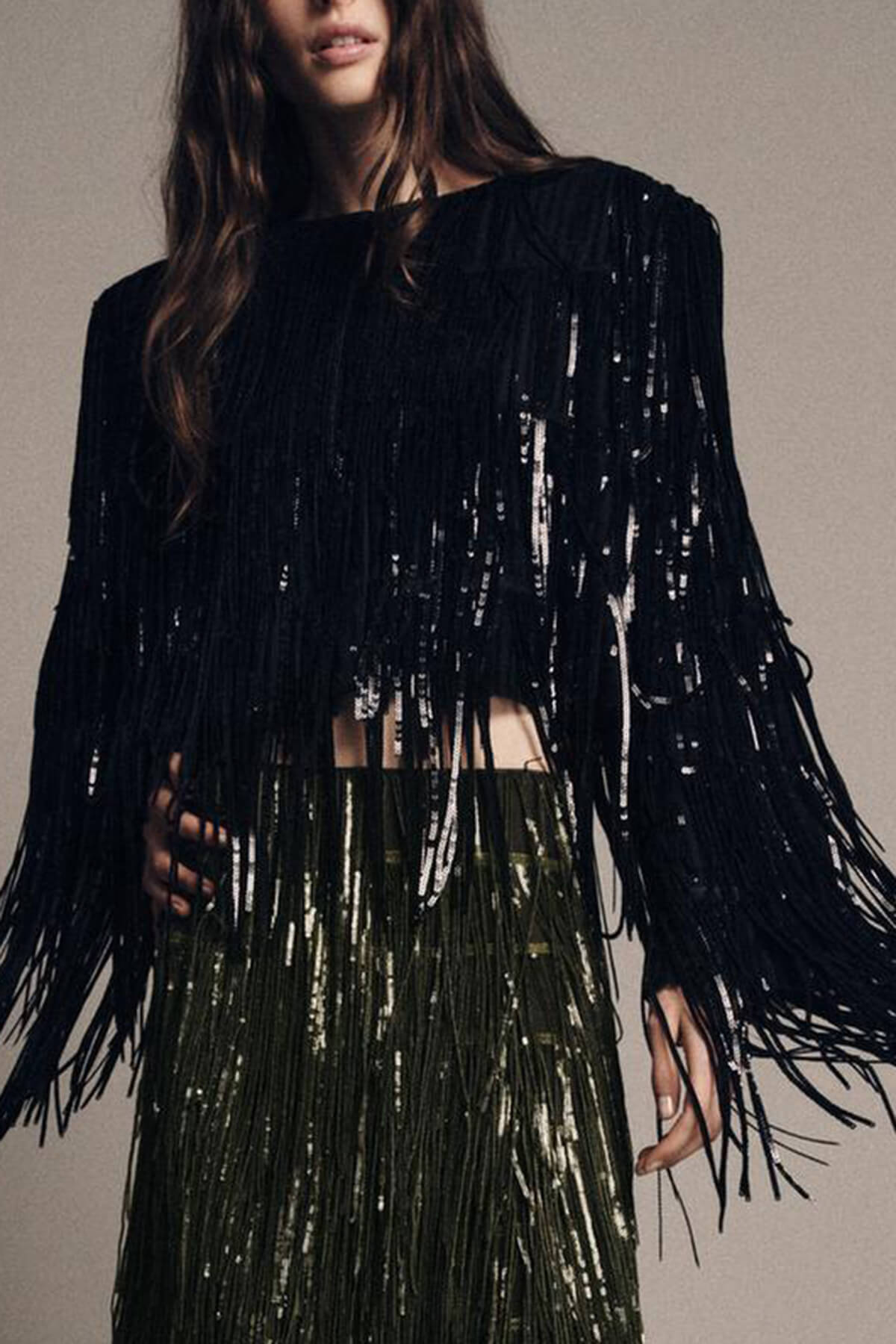 Exquisite Sequin Fringe Long-Sleeve Jacket And Skirt Set