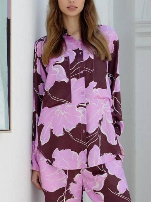 Casual Magnolia Print Asymmetric Loose Button-Up Shirt