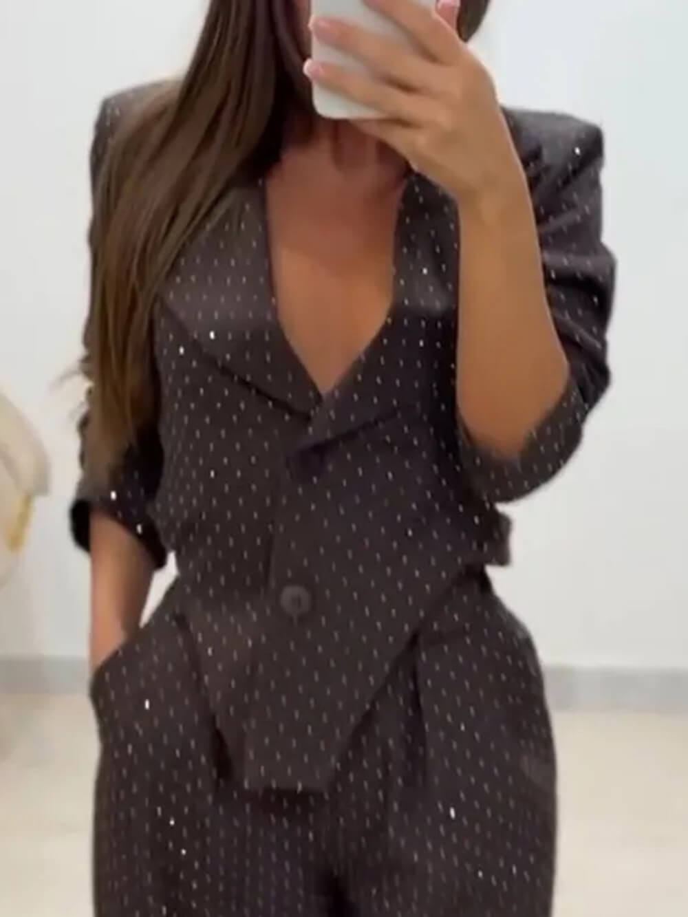 Chic Commute Lapel Asymmetric Sequin Embellished Top