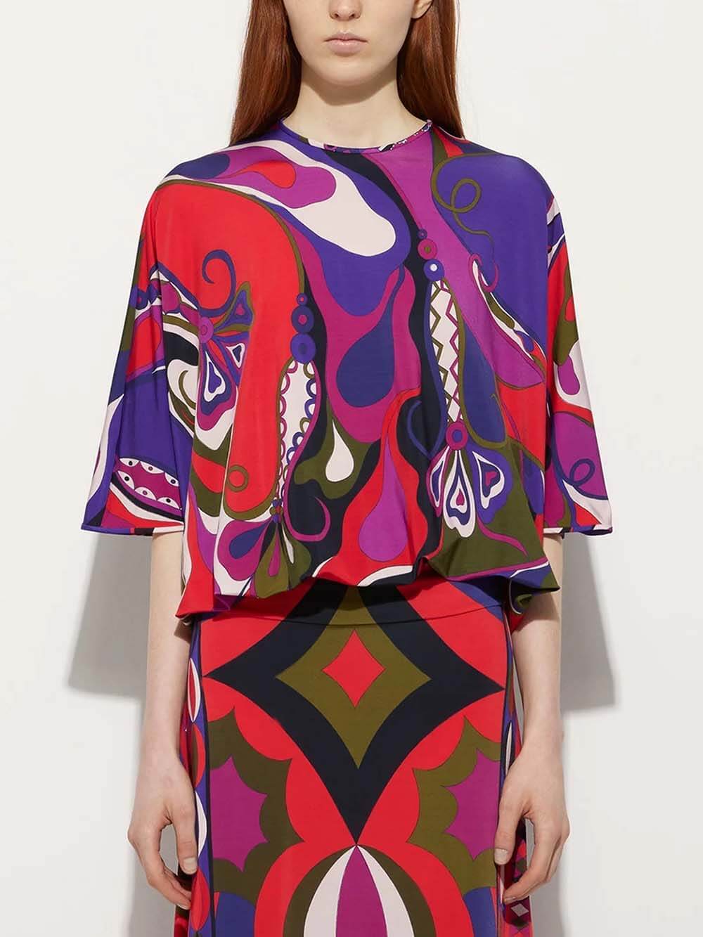 Unique Satin Rainbow Print Round-Neck Tie-Down Loose Blouse