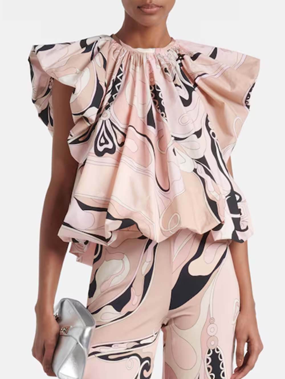 Delicate Orchid Print Bell Sleeve Pleated Top