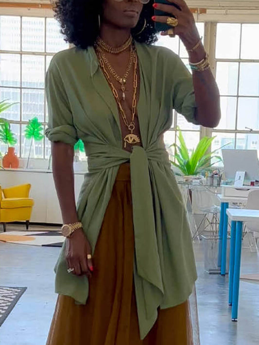 Elegant Belted Cardigan Collar Shirt