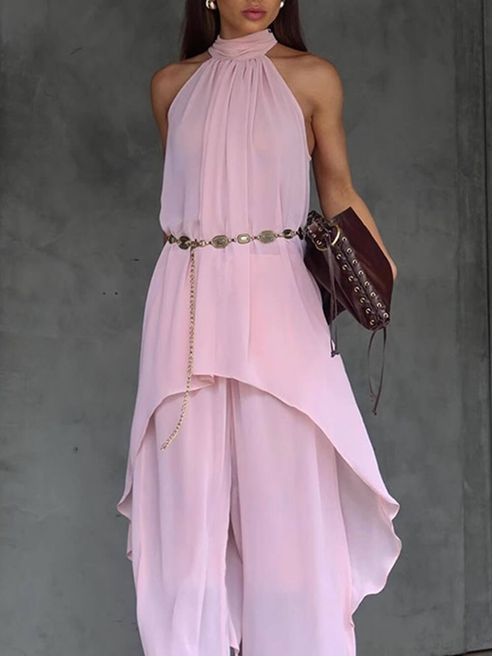 Elegant Asymmetric Sleeveless Halter Tie Top