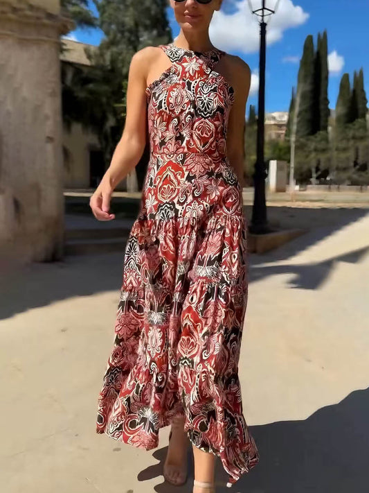 Vintage Ethnic Print Layered Midi Dress