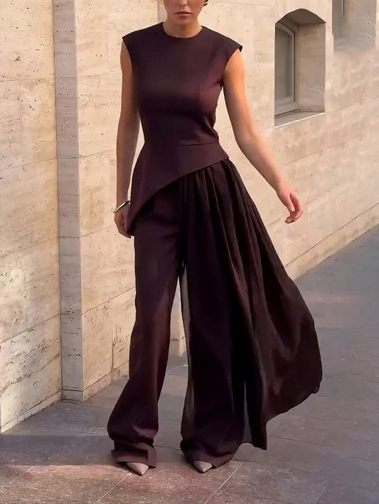 Elegant Asymmetrical Sleeveless Chiffon Vest Two-Piece Set