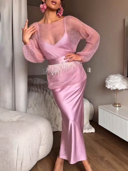 Elegant Openwork Knit Top And Satin Dress Two-piece Set