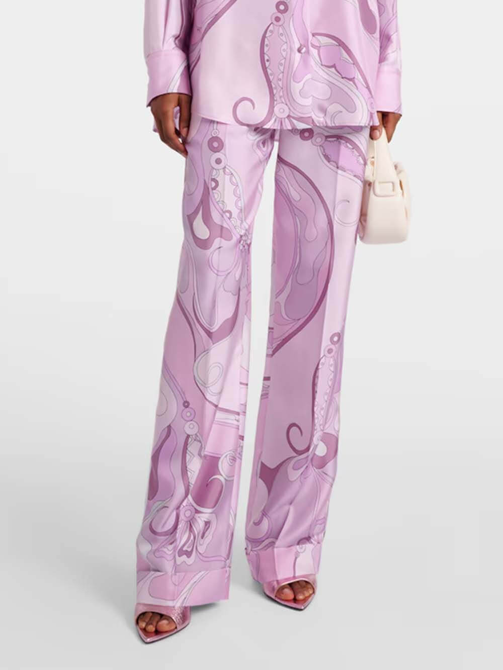 Exquisite Orchid Print Satin Twill Button-Down Oversized Shirt