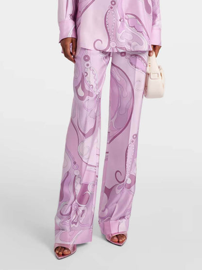 Exquisite Orchid Print Satin Twill Button-Down Oversized Shirt