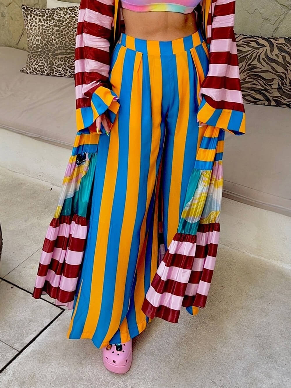 Unique Fashion Striped Print Long Kimono-Style Top