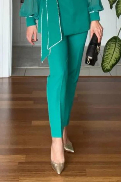 Elegant V-Neck Colorblock Belted Shirt & High-Waist Tapered Pants Set