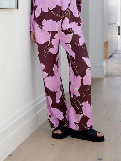 Casual Magnolia Print Asymmetric Loose Button-Up Shirt