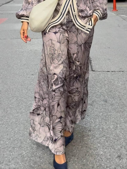 Unique Floral Print Ribbon Spliced V-Neck loose Blouse