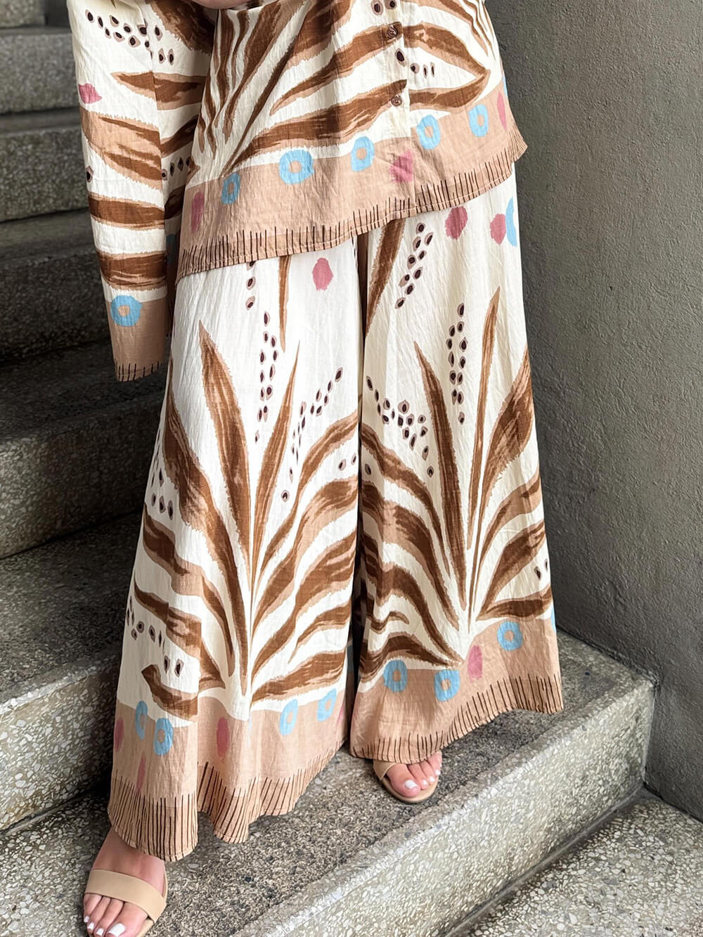 Unique Bohe Print Colorblock Drop Shoulder Sleeve Loose Fit Oversized Button Shirt