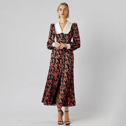 Early Dignified Sense of Design Printed Maxi Dress Doll Collar Waist Slimming Long Sleeve Dress