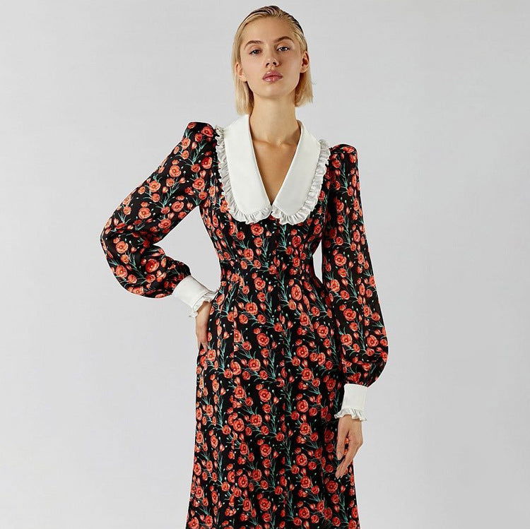 Early Dignified Sense of Design Printed Maxi Dress Doll Collar Waist Slimming Long Sleeve Dress