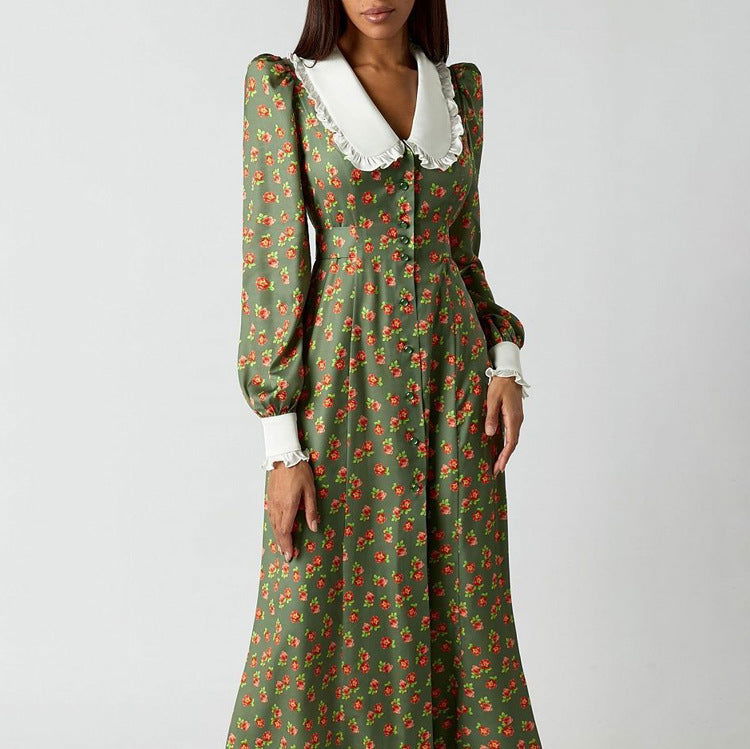Early Dignified Sense of Design Printed Maxi Dress Doll Collar Waist Slimming Long Sleeve Dress