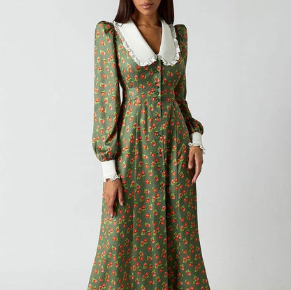 Early Dignified Sense of Design Printed Maxi Dress Doll Collar Waist Slimming Long Sleeve Dress