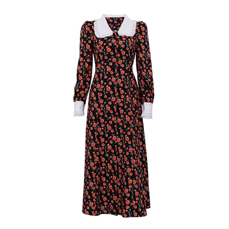 Early Dignified Sense of Design Printed Maxi Dress Doll Collar Waist Slimming Long Sleeve Dress