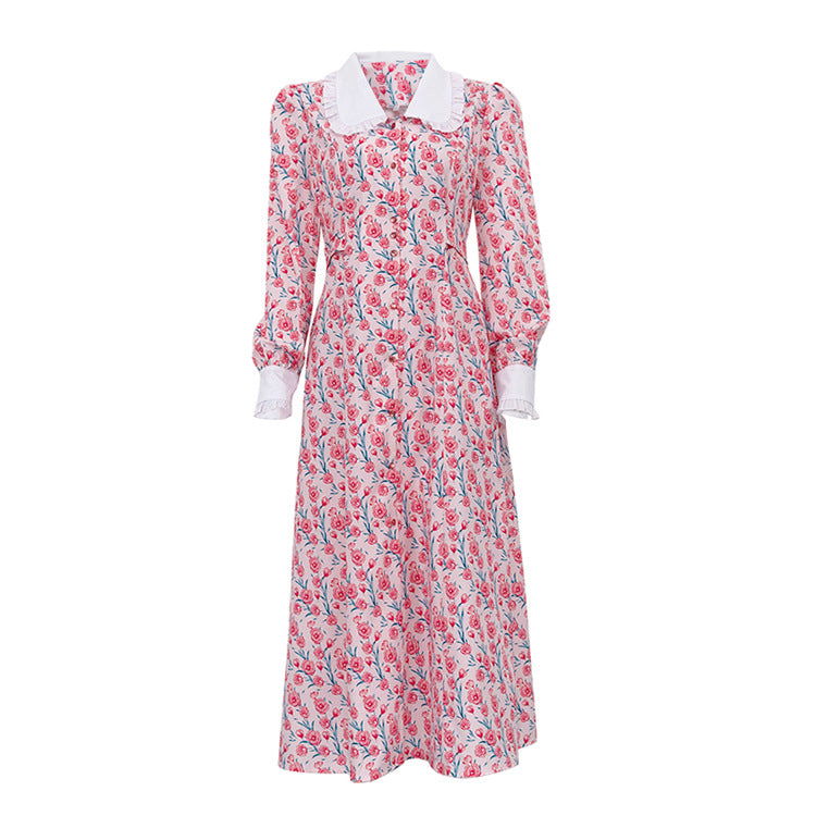 Early Dignified Sense of Design Printed Maxi Dress Doll Collar Waist Slimming Long Sleeve Dress