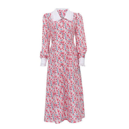 Early Dignified Sense of Design Printed Maxi Dress Doll Collar Waist Slimming Long Sleeve Dress