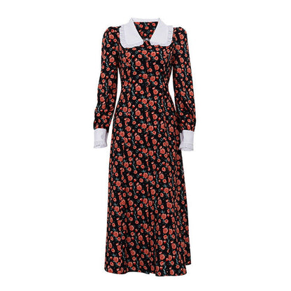 Early Dignified Sense of Design Printed Maxi Dress Doll Collar Waist Slimming Long Sleeve Dress