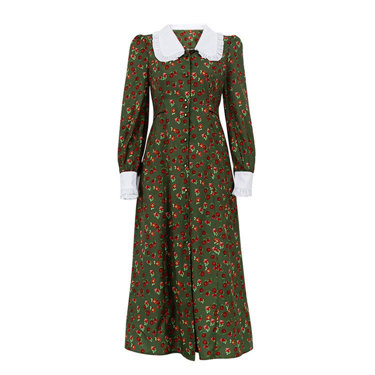 Early Dignified Sense of Design Printed Maxi Dress Doll Collar Waist Slimming Long Sleeve Dress