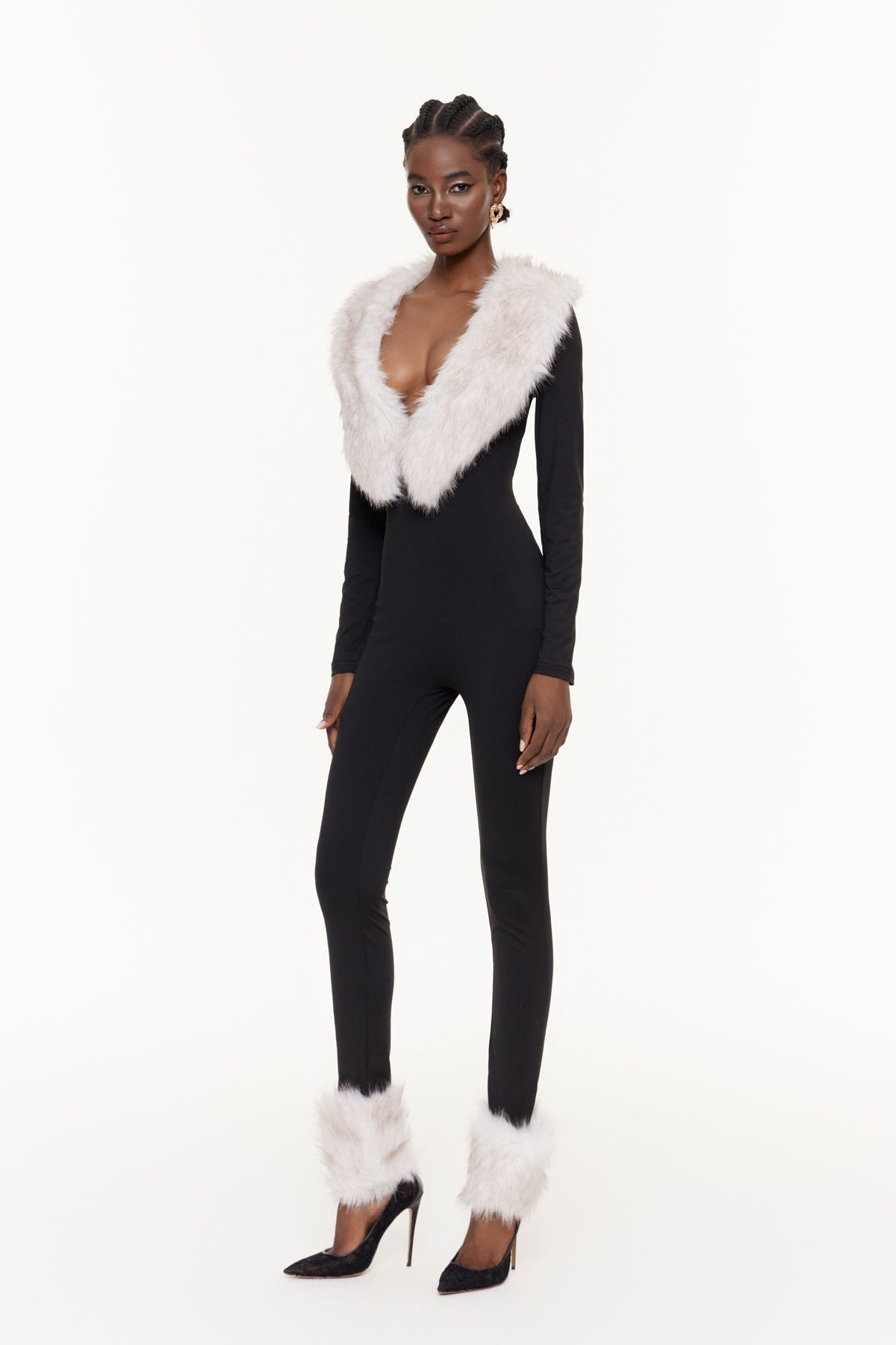 Eileifr Plunge Faux Fur Jumpsuit