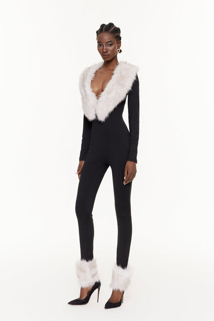 Eileifr Plunge Faux Fur Jumpsuit