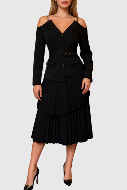 Eira Off Shoulder Blazer & Pleated Midi Skirt Set - Black