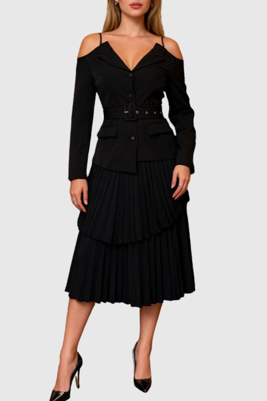 Eira Off Shoulder Blazer & Pleated Midi Skirt Set - Black