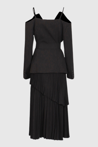 Eira Off Shoulder Blazer & Pleated Midi Skirt Set - Black