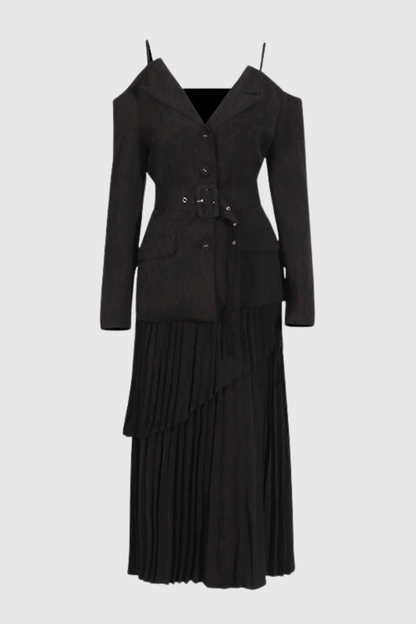 Eira Off Shoulder Blazer & Pleated Midi Skirt Set - Black