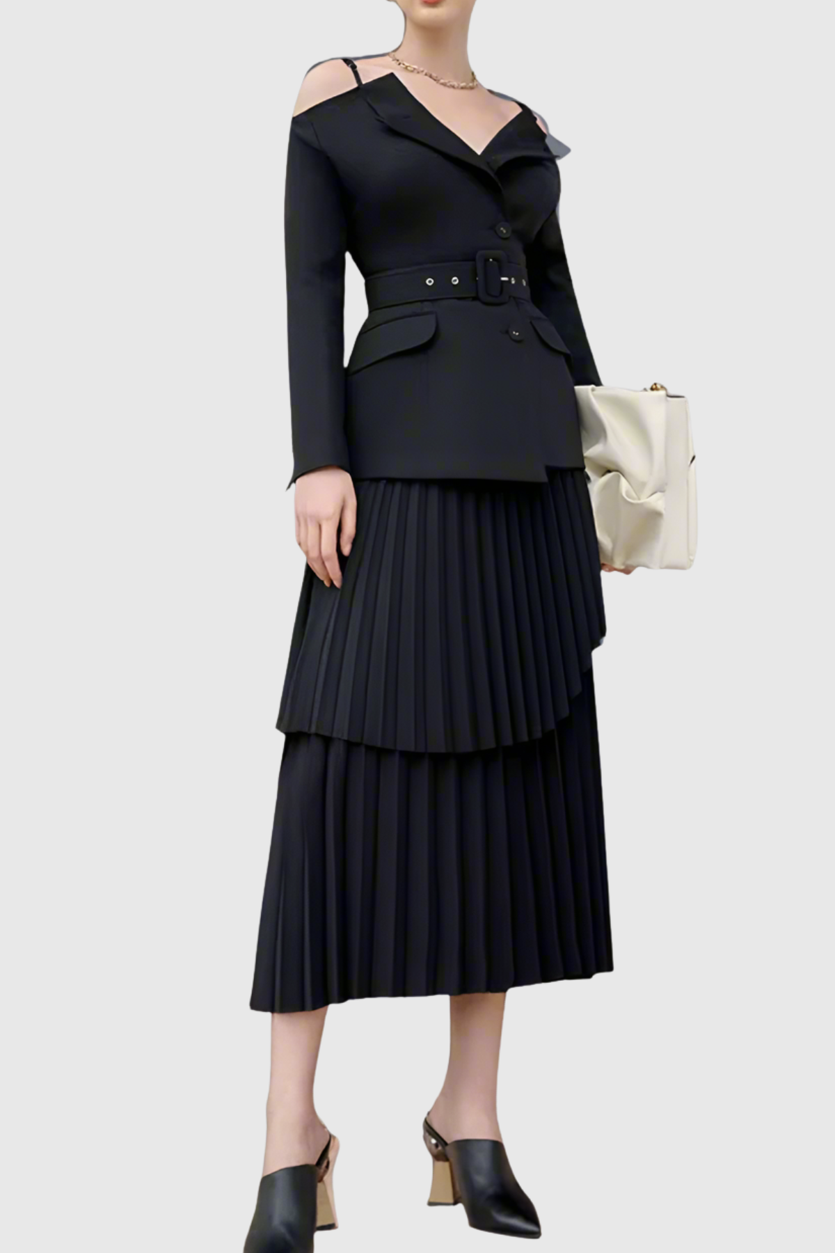 Eira Off Shoulder Blazer & Pleated Midi Skirt Set - Black