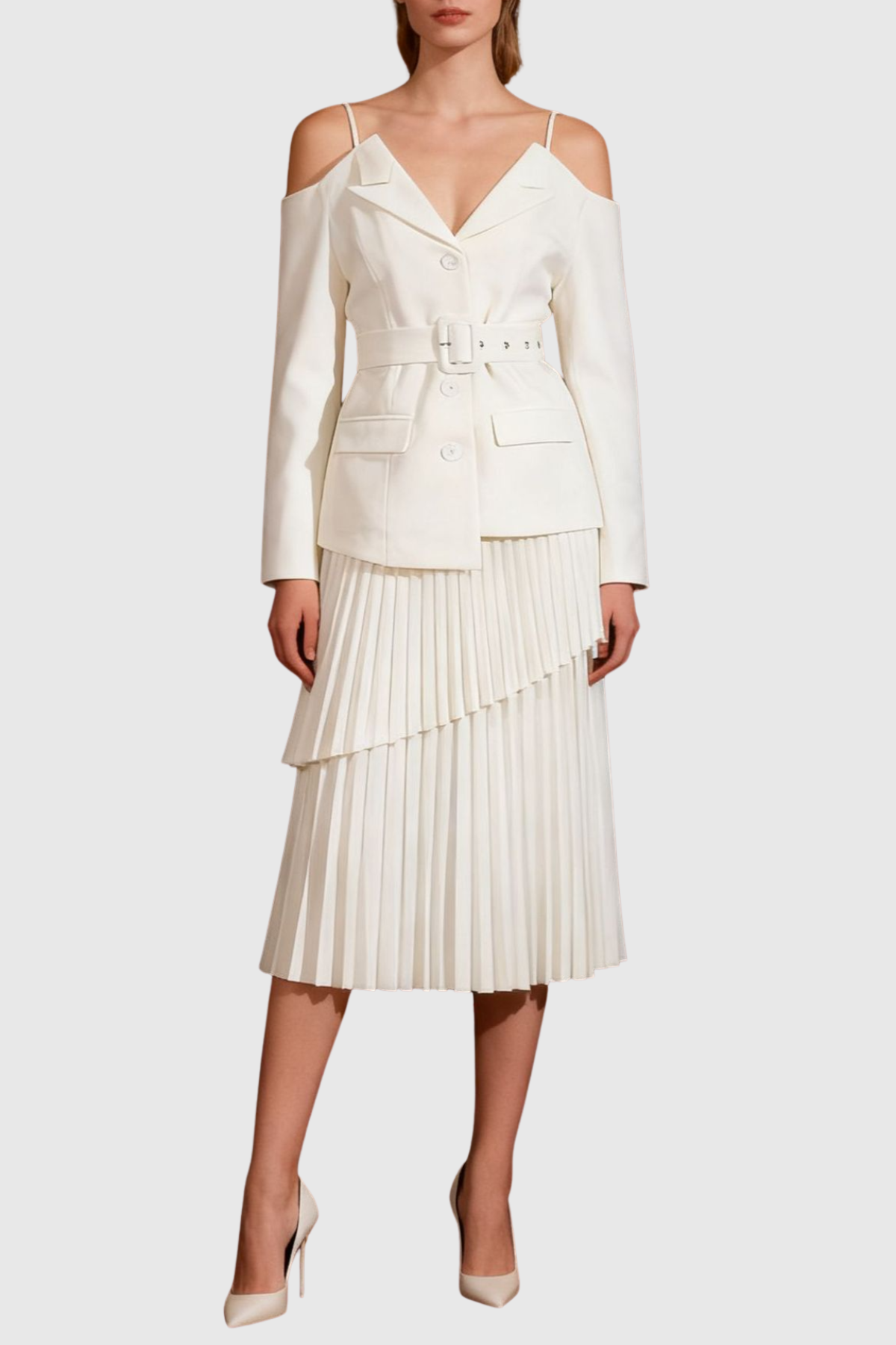 Eira Off Shoulder Blazer & Pleated Midi Skirt Set - White