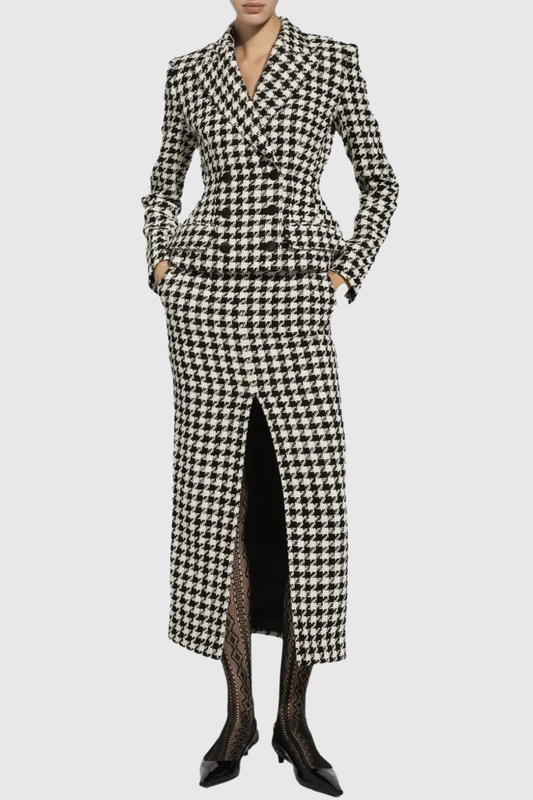 Eisa Houndstooth Tweed Jacket & Midi Skirt Set