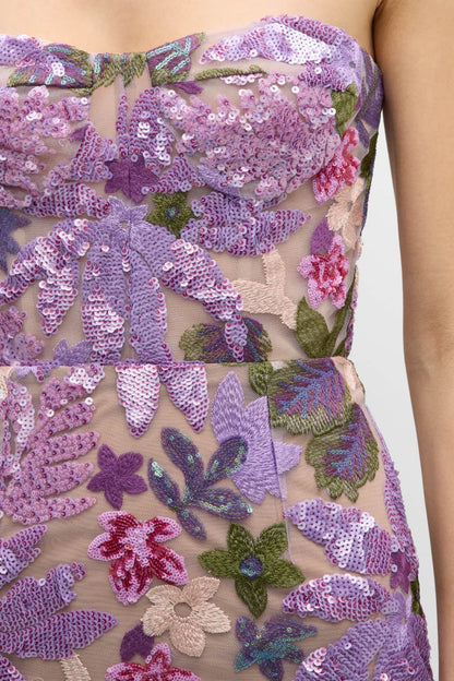 Elara Floral Sequin Embroidered Strapless Maxi Dress - Purple