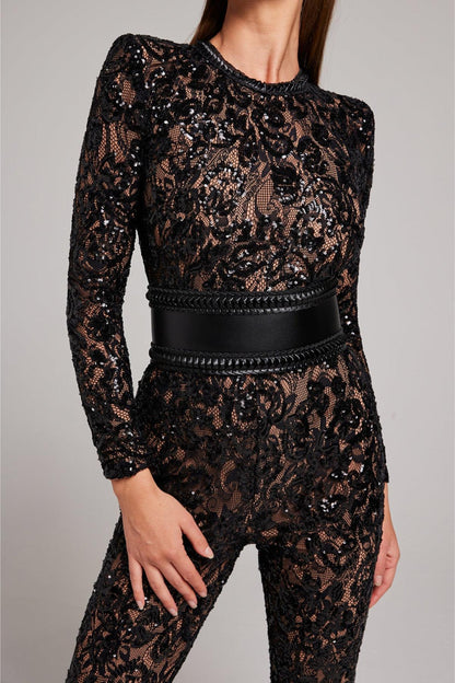 Nocturne Lace Sequin Jumpsuit | High Waist | Long Sleeve | Flared Leg