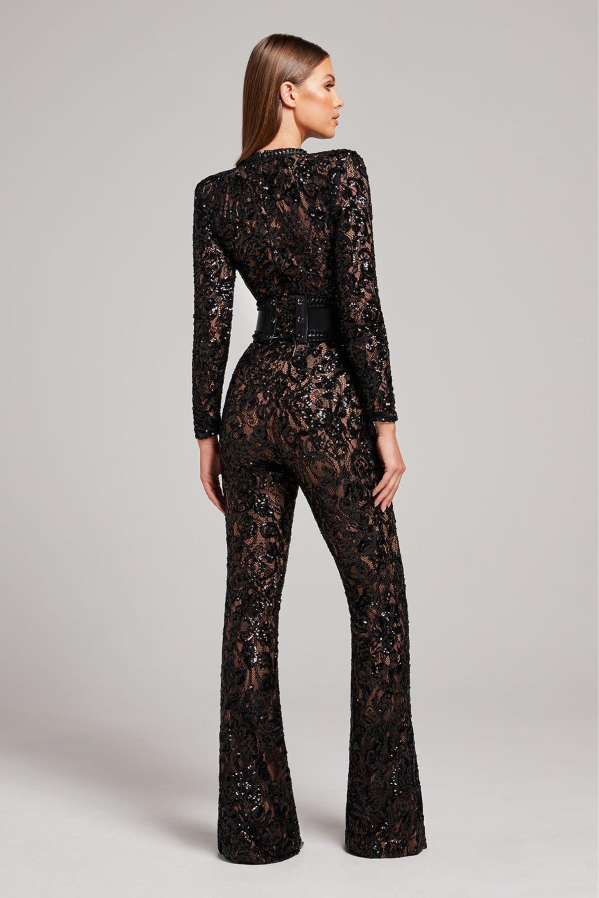 Nocturne Lace Sequin Jumpsuit | High Waist | Long Sleeve | Flared Leg