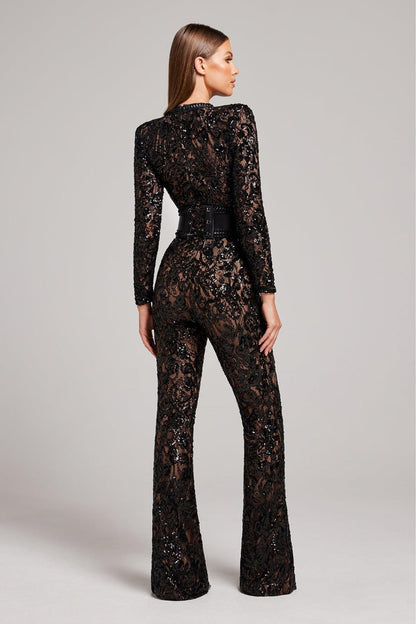 Nocturne Lace Sequin Jumpsuit | High Waist | Long Sleeve | Flared Leg